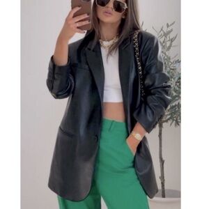ZARA Women's Vegan Faux Leather Blazer Black Single Button Closure Medium Butter